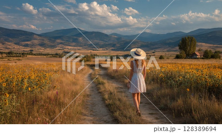 Woman in a White Dress Walks a Path Through a Field of Yellow Flowers 128389694