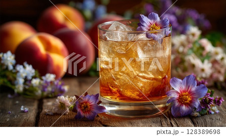 Peach Cocktail with Purple Flowers and Ice on Rustic Wood 128389698