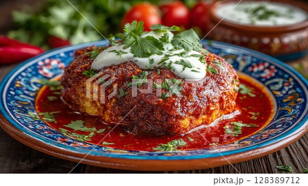 Spicy Red Sauce Dish with Yogurt and Cilantro on Ornate Plate 128389712