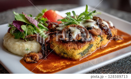 Delicious Vegetarian Dish with Creamy Polenta and Roasted Mushrooms 128389713