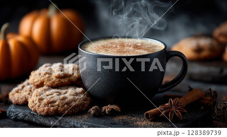 Steaming Pumpkin Spice Coffee with Cookies Steaming Pumpkin Spice Coffee with Cookies 128389739