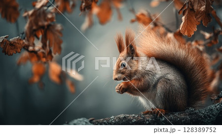 Fluffy Red Squirrel in Autumn Forest 128389752