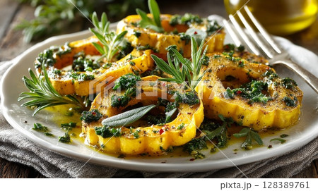 Roasted Squash Rings with Sage and Kale Roasted Squash Rings with Sage and Kale 128389761