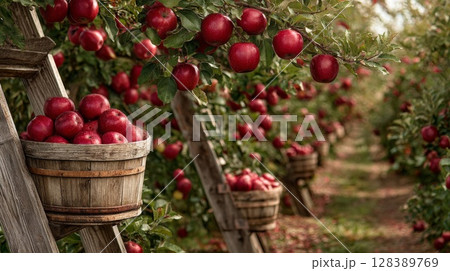 Red Apples in Wooden Baskets Hanging from Apple Orchard Trees Red Apples in Wooden Baskets Hanging from Apple Orchard Trees 128389769