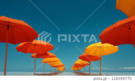 Orange and Yellow Beach Umbrellas on Sandy Shore under Blue Sky 128389770