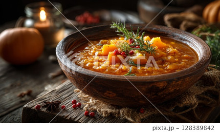 Rustic Pumpkin Lentil Soup in Brown Bowl 128389842