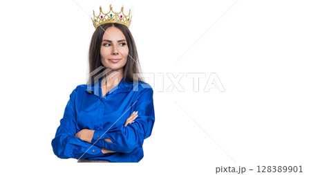 Businesswoman rewarded for success. Business director embrace the success. Copy space. Successful business. Business woman isolated on white. successful businesswoman in crown Businesswoman rewarded for success. Business director embrace the success. Copy space. Successful business. Business woman isolated on white. successful businesswoman in crown 128389901
