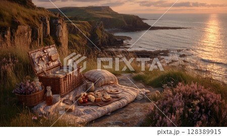 Coastal Picnic at Sunset: Wicker Basket and Food on a Cliffside Coastal Picnic at Sunset: Wicker Basket and Food on a Cliffside 128389915