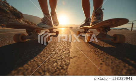 Two People Skateboarding at Sunset on Coastal Road 128389941