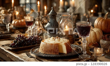 Autumnal Table Setting with Cake and Pumpkins 128390026