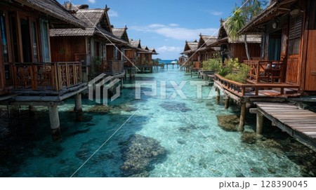 Overwater Bungalows and Crystal Clear Water at Tropical Resort 128390045