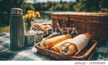 Summer Picnic Basket with Sandwiches and Thermos 128390060
