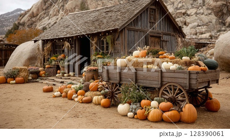 Rustic Farmhouse with Autumn Pumpkins and Hay Wagon Rustic Farmhouse with Autumn Pumpkins and Hay Wagon 128390061