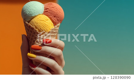 Woman's Hand Holding a Three-Scoop Ice Cream Cone 128390090