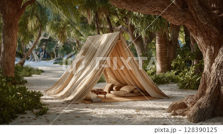 Beige Canvas Tent in a Lush Tropical Setting 128390125
