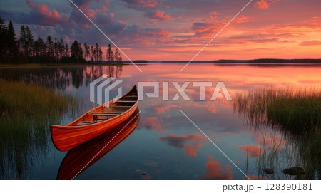 Canoe on Calm Lake at Sunset with Vibrant Sky 128390181