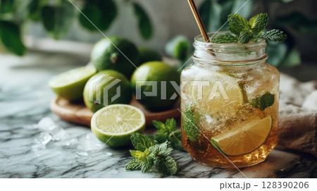 Refreshing Lime and Mint Drink in Mason Jar 128390206