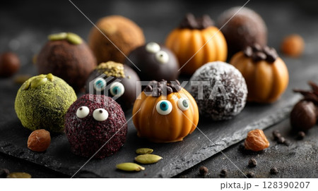 Assorted Halloween Chocolate Treats on Dark Background Assorted Halloween Chocolate Treats on Dark Background 128390207