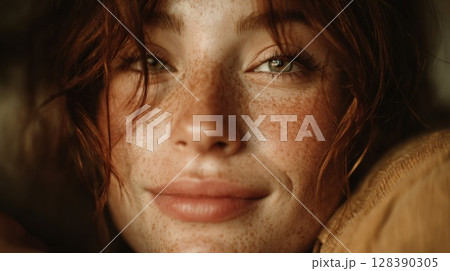 Close Up Portrait of a Young Woman with Freckles and Red Hair 128390305