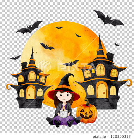 Watercolor Halloween illustration of little witch sitting with lit candle, next to pumpkin. Bright yellow moon, flying bats, and witch house on white background. Perfect for spooky designs and decor. 128390317