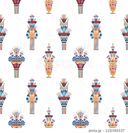 Egyptian ornament ancient column vase lotus seamless pattern. Ethnic symbols, ornate. Watercolor colorful illustration isolated from background. For souvenir products, textile, interior decorations 128390337