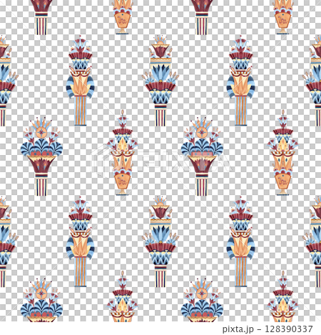 Egyptian ornament ancient column vase lotus seamless pattern. Ethnic symbols, ornate. Watercolor colorful illustration isolated from background. For souvenir products, textile, interior decorations 128390337