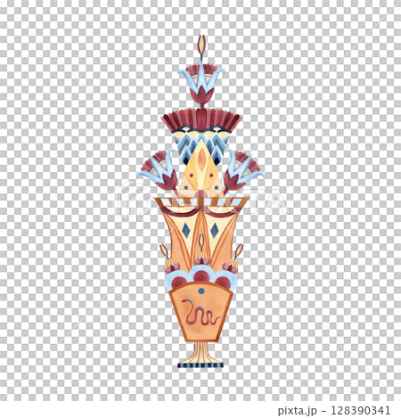 Egyptian vase with lotuses, column ancient symbols snake. Ethnic patterns, ornate. Watercolor illustration isolated from background. Ancient culture concept for souvenir, postcard. Vertical border Egyptian vase with lotuses, column ancient symbols snake. Ethnic patterns, ornate. Watercolor illustration isolated from background. Ancient culture concept for souvenir, postcard. Vertical border 128390341