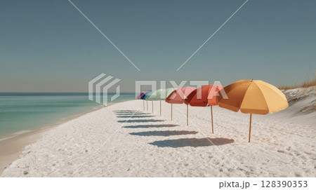 Colorful Umbrellas on a White Sand Beach 128390353
