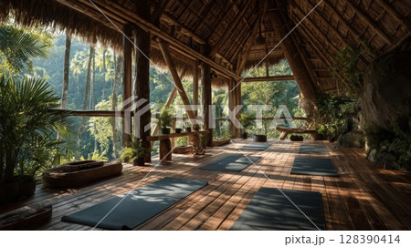 Tranquil Yoga Studio in Lush Tropical Jungle Setting 128390414