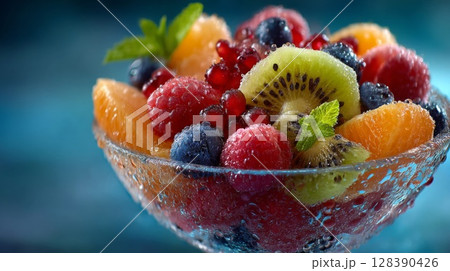 Colorful Fresh Fruit Salad in Glass Bowl Colorful Fresh Fruit Salad in Glass Bowl 128390426