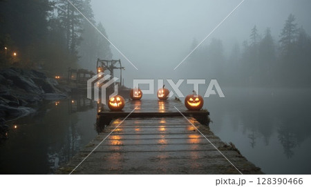 Lighted Pumpkins on Foggy Lake Dock at Night 128390466