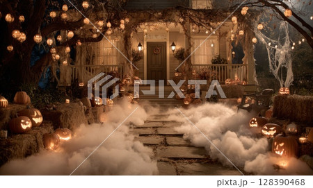 Spooky Halloween Night Scene with Glowing Jack-o'-lanterns 128390468
