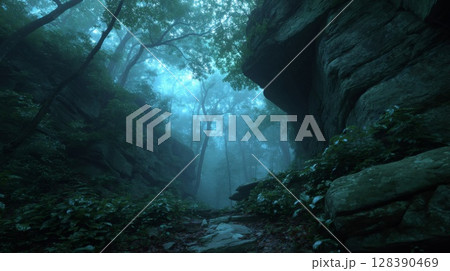 Dark Forest Path with Fog and Rocks Dark Forest Path with Fog and Rocks 128390469