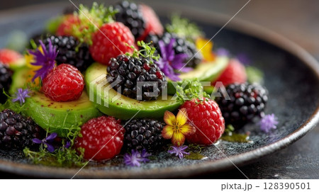 Closeup of a Delicious Fruit Salad with Avocado, Raspberries and Blackberries 128390501