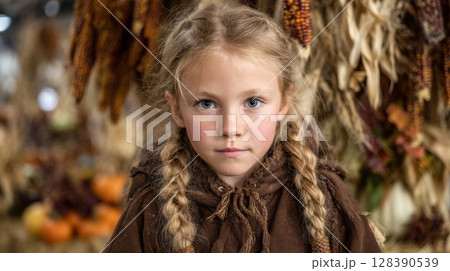 Portrait of a Young Girl with Braids in Autumn Setting 128390539