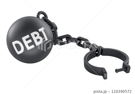 Debt concept, ball and chain shackle. 3D rendering 128390572