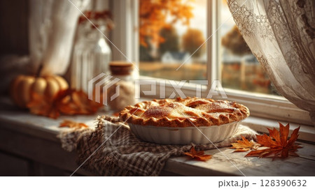 Apple Pie on Windowsill with Autumn Leaves 128390632