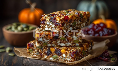Stacked Granola Bars with Pumpkin and Cranberries 128390633
