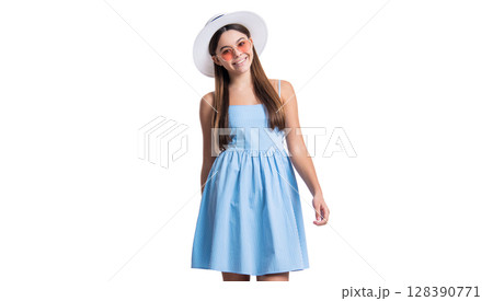glad teen girl in summer style isolated on white. teen girl in summer style at studio. glad teen girl in summer style isolated on white. teen girl in summer style at studio. 128390771