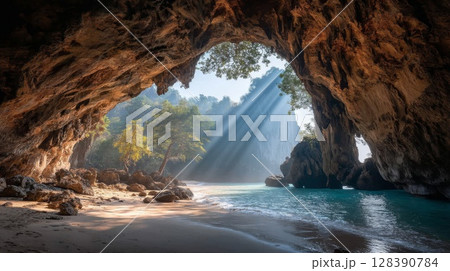 Sunlit Cave Entrance on Tropical Beach 128390784