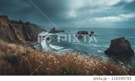 Dramatic Coastal Scene with Dark Clouds and Rocky Shore 128390785