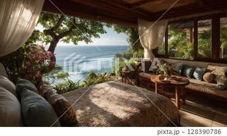 Ocean View Room with Tropical Decor and Comfortable Bed 128390786