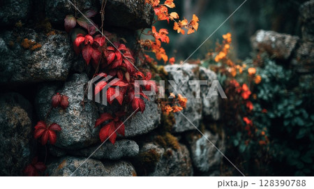 Red And Orange Autumn Leaves On A Stone Wall 128390788