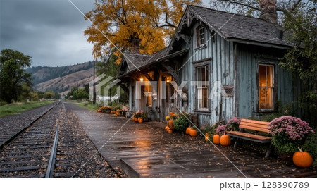Autumnal Train Station with Weathered Wooden House 128390789