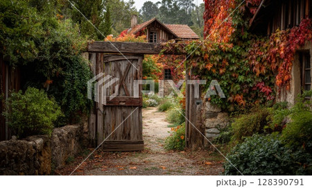 Rustic Wooden Gate Entrance to Autumnal Garden 128390791