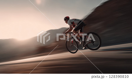 Racing cyclist pedaling road bike, blurred motion silhouetted against sunset sky Racing cyclist pedaling road bike, blurred motion silhouetted against sunset sky 128390810