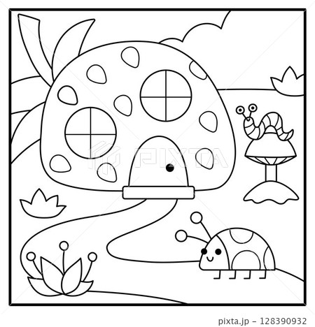Vector black and white square scene with ladybug standing near dwarf house shaped as strawberry. Woodland line landscape with gnome home. Magic forest background, coloring page 128390932