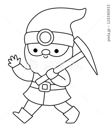 Vector black and white dwarf icon. Magic creature clipart. Cute fairytale line character waving hand. Woodland fantasy gnome with pickax, beard. Forest fairy tale illustration, coloring page 128390933