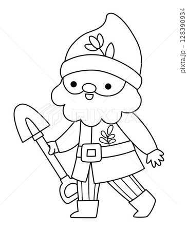 Vector black and white dwarf icon. Magic creature clipart. Cute fairytale line character. Woodland fantasy garden gnome going with shovel. Forest fairy tale illustration, coloring page 128390934