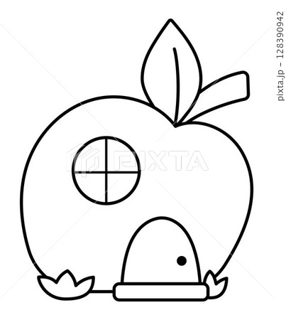 Vector black and white little dwarf house shaped as apple. Tiny gnome home line clipart. Fantasy forest or woodland cottage illustration. Magic fairytale dwelling icon, coloring page Vector black and white little dwarf house shaped as apple. Tiny gnome home line clipart. Fantasy forest or woodland cottage illustration. Magic fairytale dwelling icon, coloring page 128390942